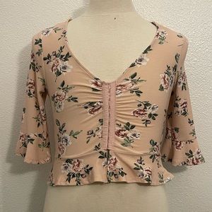 Pink floral mid sleeve crop top